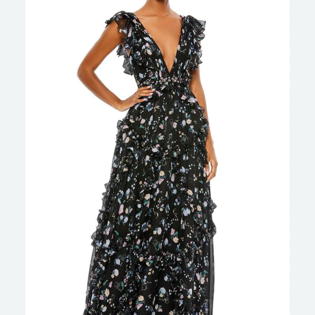 Mac Duggal Black Floral Ruffle Maxi Dress